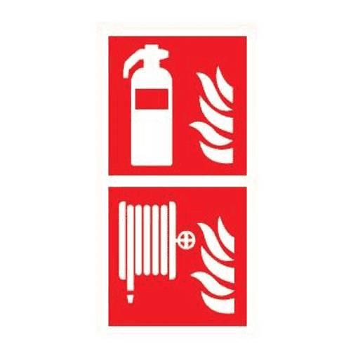 Panoramic sign - reel, extinguisher, flame pictogram