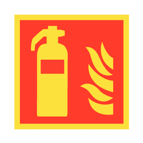 Fire extinguisher/flame pictogram, phosphorescent, 150 x 150 mm