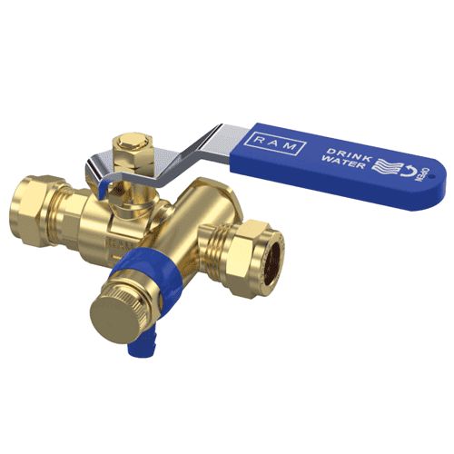 Raminex ball valve S28, 2x compression with straight handle and drain valve