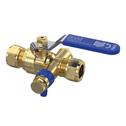 Raminex ball valve S28 premium anti-limescale, 2x compression, drain valve