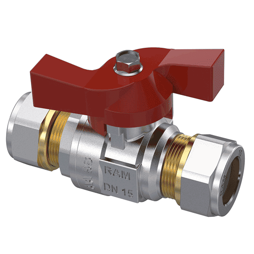 Raminex ball valve S28, 2x compression fitting with butterfly lever