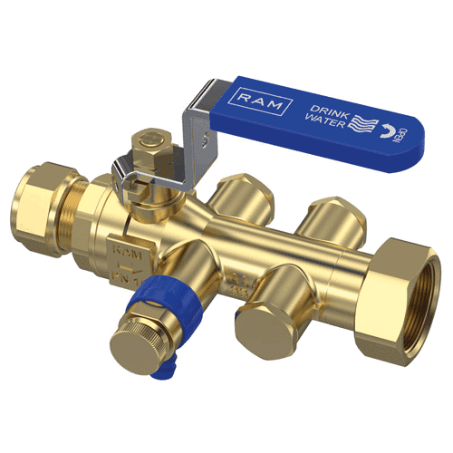 Raminex backflow preventer EA compr. x coupling nut, with drain valve