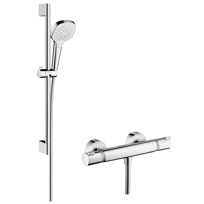 Hansgrohe Croma Select E Vario shower system with Ecostat Comfort thermostat and shower riser rail