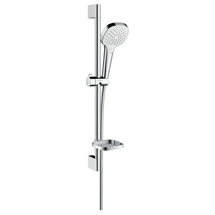 Hansgrohe Croma Select E shower set Vario with Unica shower riser rail and soap dish