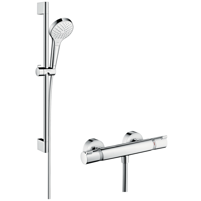 Hansgrohe Croma Select E Vario surface-mounted shower system with Ecostat Comfort thermostat and shower riser rail
